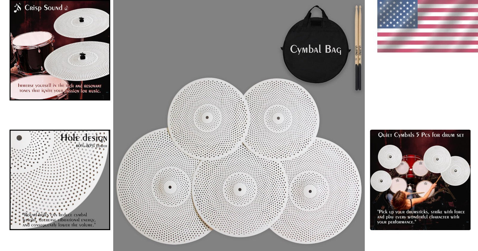 Professional 5-Piece Cymbal Set with Polished Finish - Low Noise for All Levels