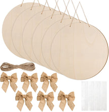 Load image into Gallery viewer, DIY Craft Kit: 12 18-Inch Wood Circles with Bows &amp; Twine for Holiday Projects