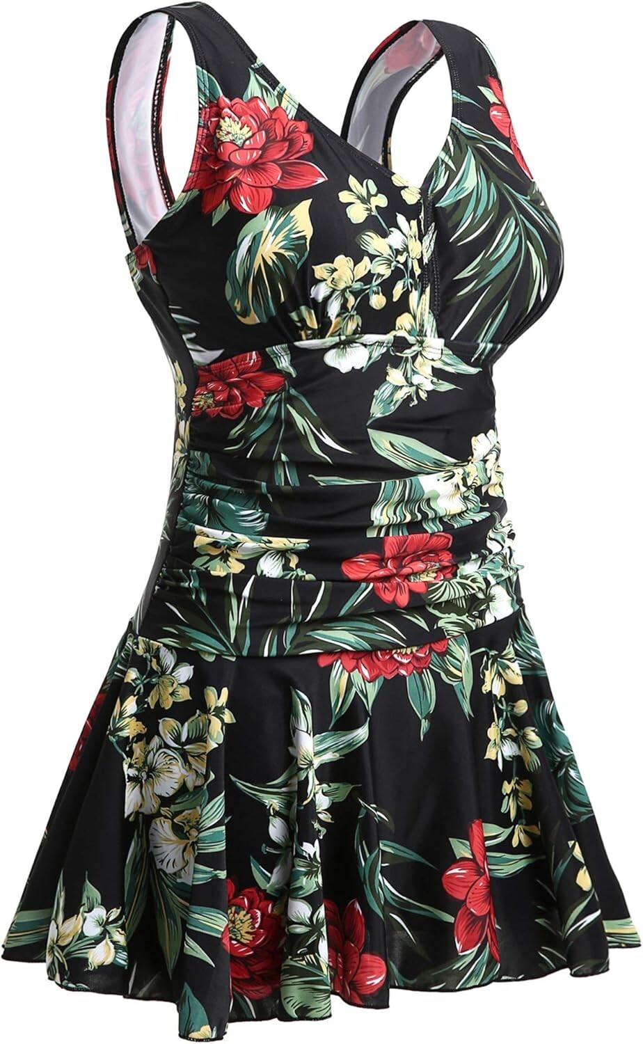 Elegant Plus-Size Tummy Control Swim Dress with Flower Print - Sizes 16-18