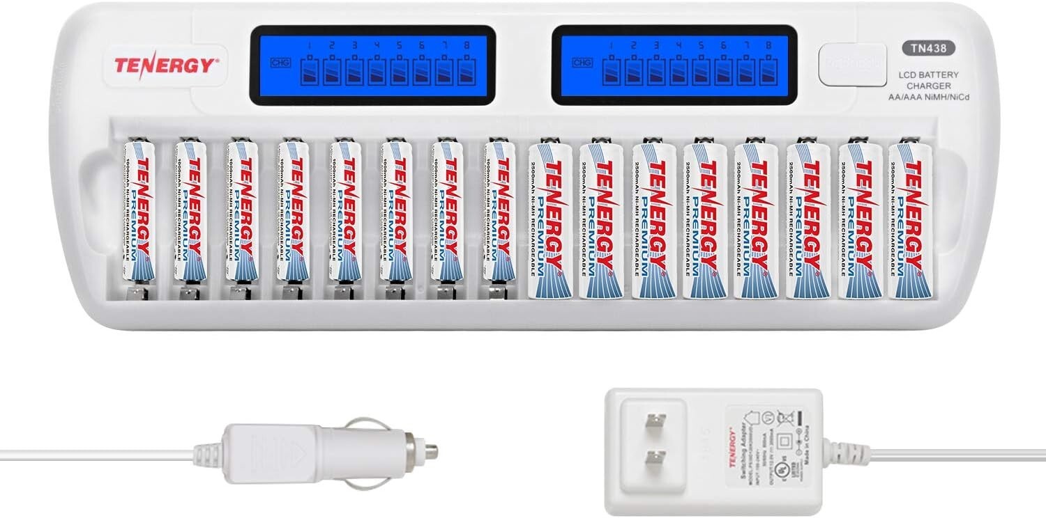Advanced 16-Bay Charger w/LCD + 16 Rechargeable AA AAA Batteries for All Devices