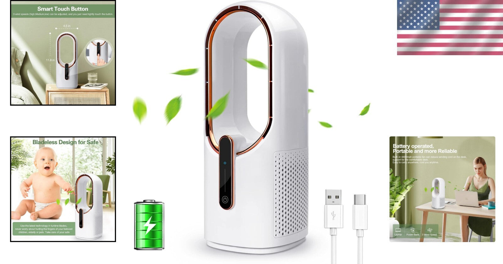 11.8 Inch Sleek Bladeless Portable Fan with Touch Control & 3 Speed Settings