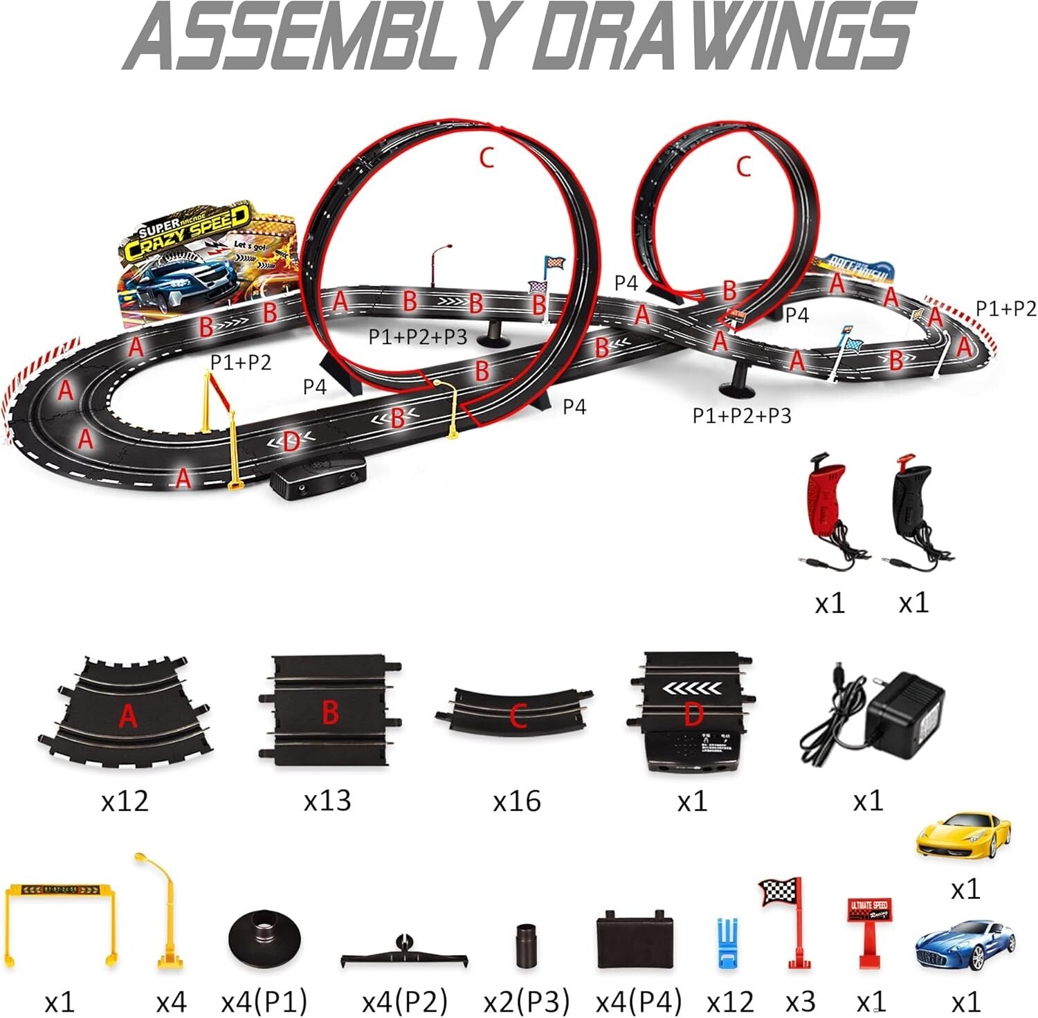 Kids Electric Slot Car Racing Set - Includes 2 Cars, Loop, and Fly-Over Track