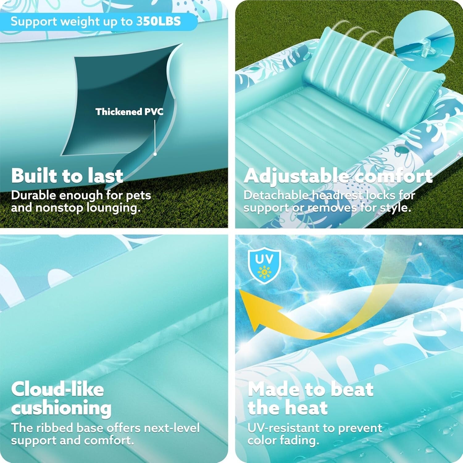 Cyan White Jumbo Inflatable Pool Lounger with Removable Pillow & Drink Holders