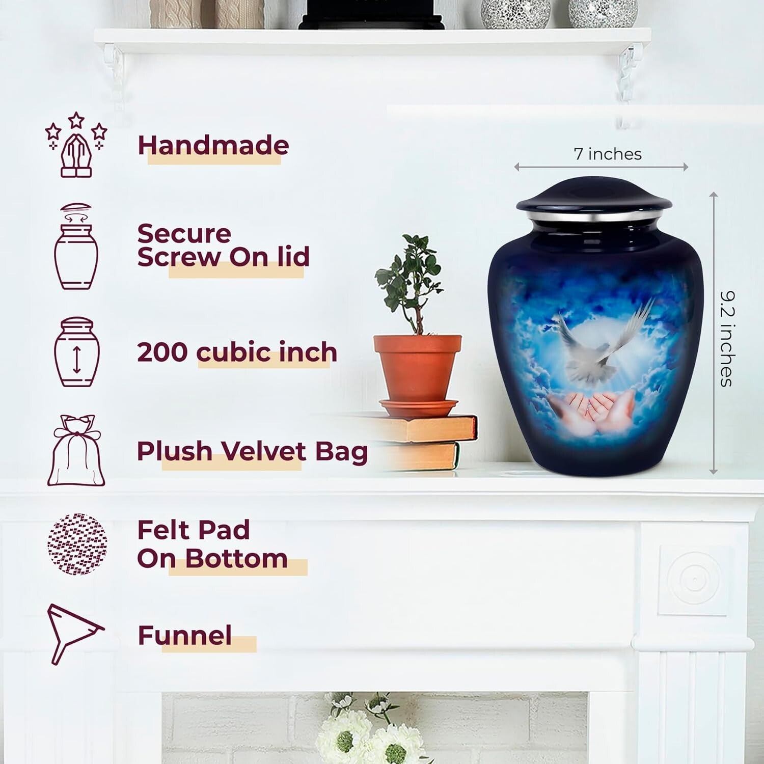 Durable 9.2" Blue Dove Cremation Urn - Secure Threaded Top, Velvet Bag Included
