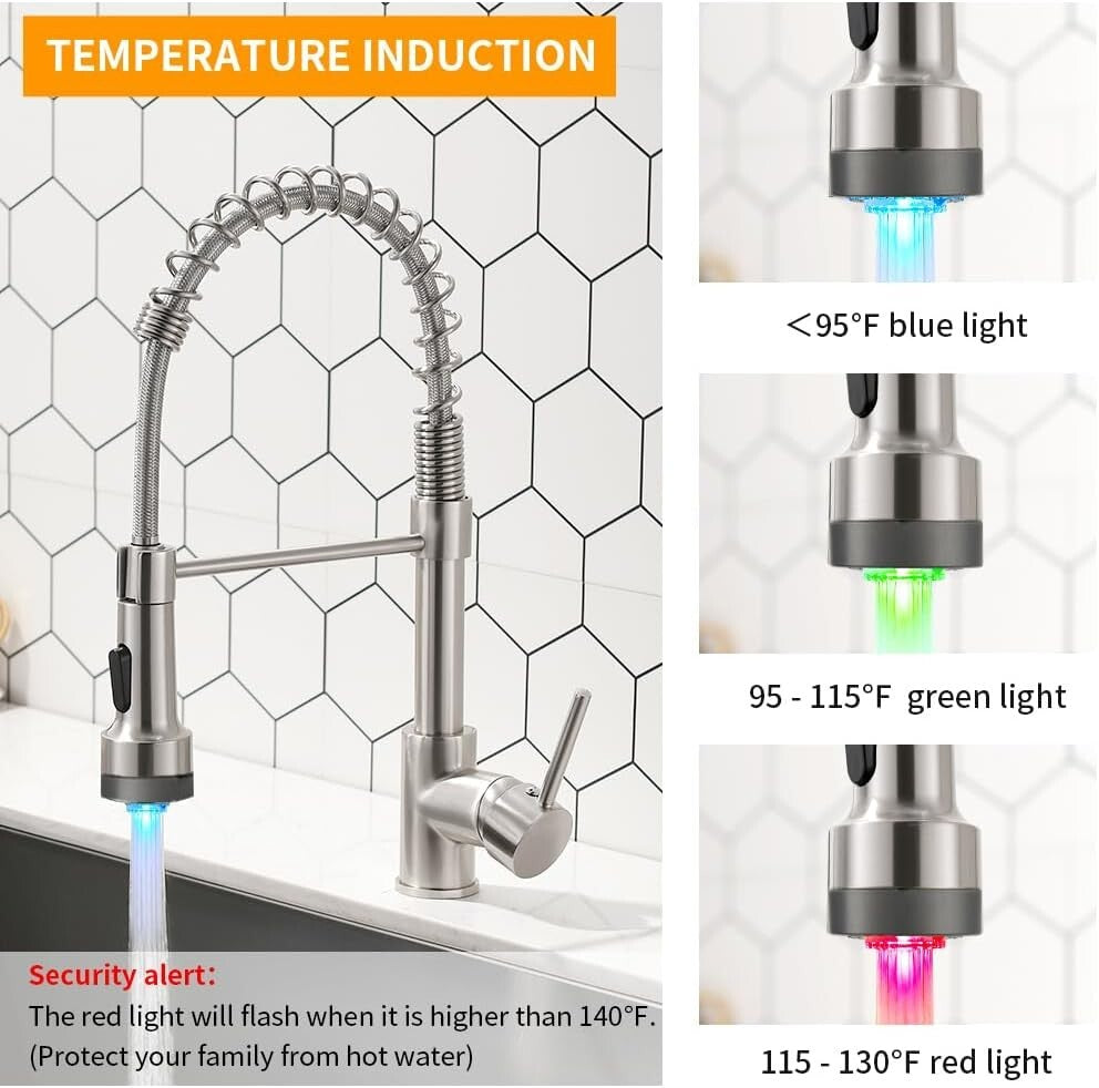 Modern Brushed Nickel Kitchen Faucet with 360° Pull Down Sprayer & LED Light