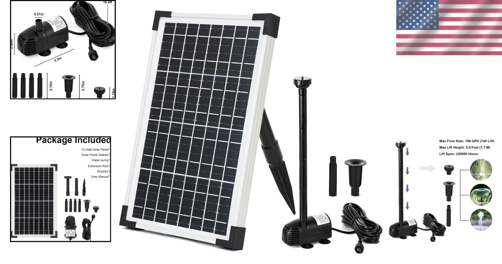 Garden Decoration Solar Fountain Pump - Safe for Wildlife and Birds, 196 GPH