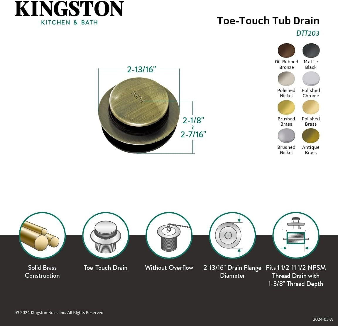 2-13/16" Matte Black Tub Drain with Easy Push Mechanism for Modern Bathrooms