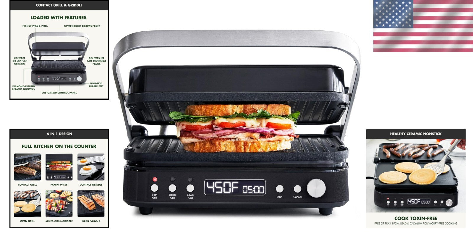 Versatile 6-in-1 Contact Grill & Griddle with Reversible Plates and Dual Heat