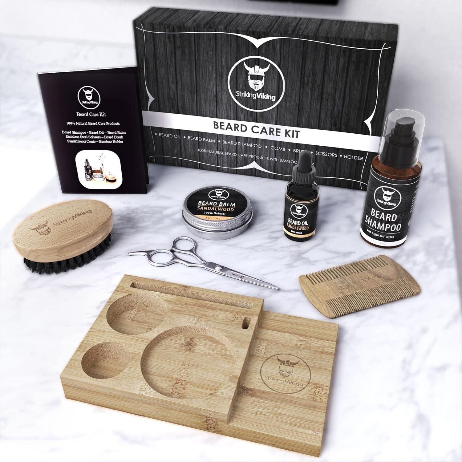 Complete Beard Care Set: Shampoo, Oil, Balm, and Combs in Wooden Caddy