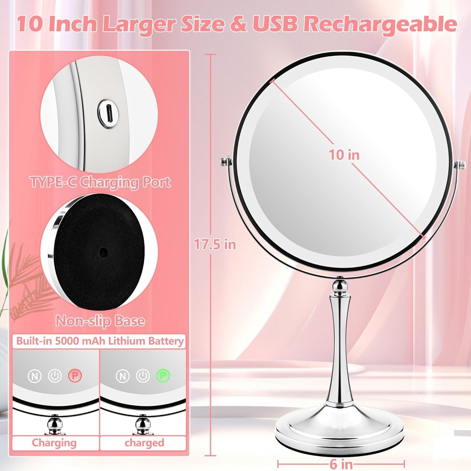 10" LED Lighted Makeup Mirror with 1X/10X Dual Magnification - Silver Elegance