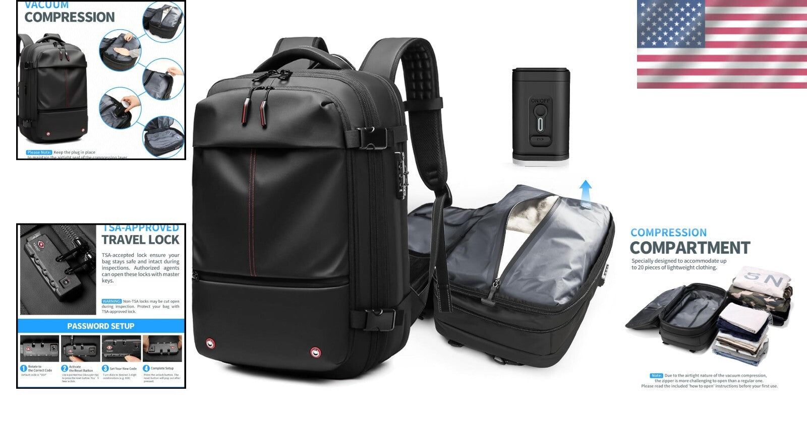 Lightweight Travel Backpack with Vacuum System and Reflective Safety Features