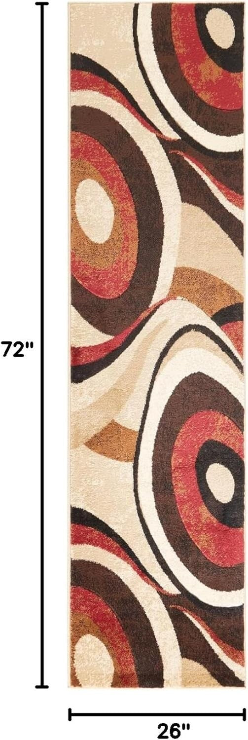 Elegant Abstract Runner Rug 26"x6" in Bold Red & Brown - Stain Resistant