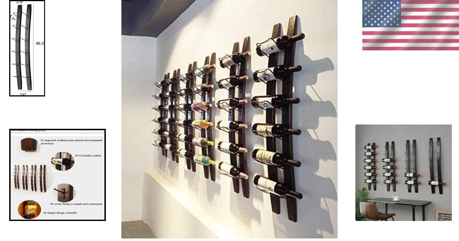 Sleek Wall-Mounted Wine Rack for 6 Bottles - Modern Pine Wood & Metal Design