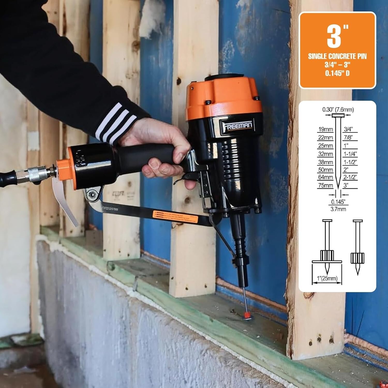 Pneumatic 3" Single Pin Concrete Nailer with Case - Heavy-Duty Tool for Pro Use