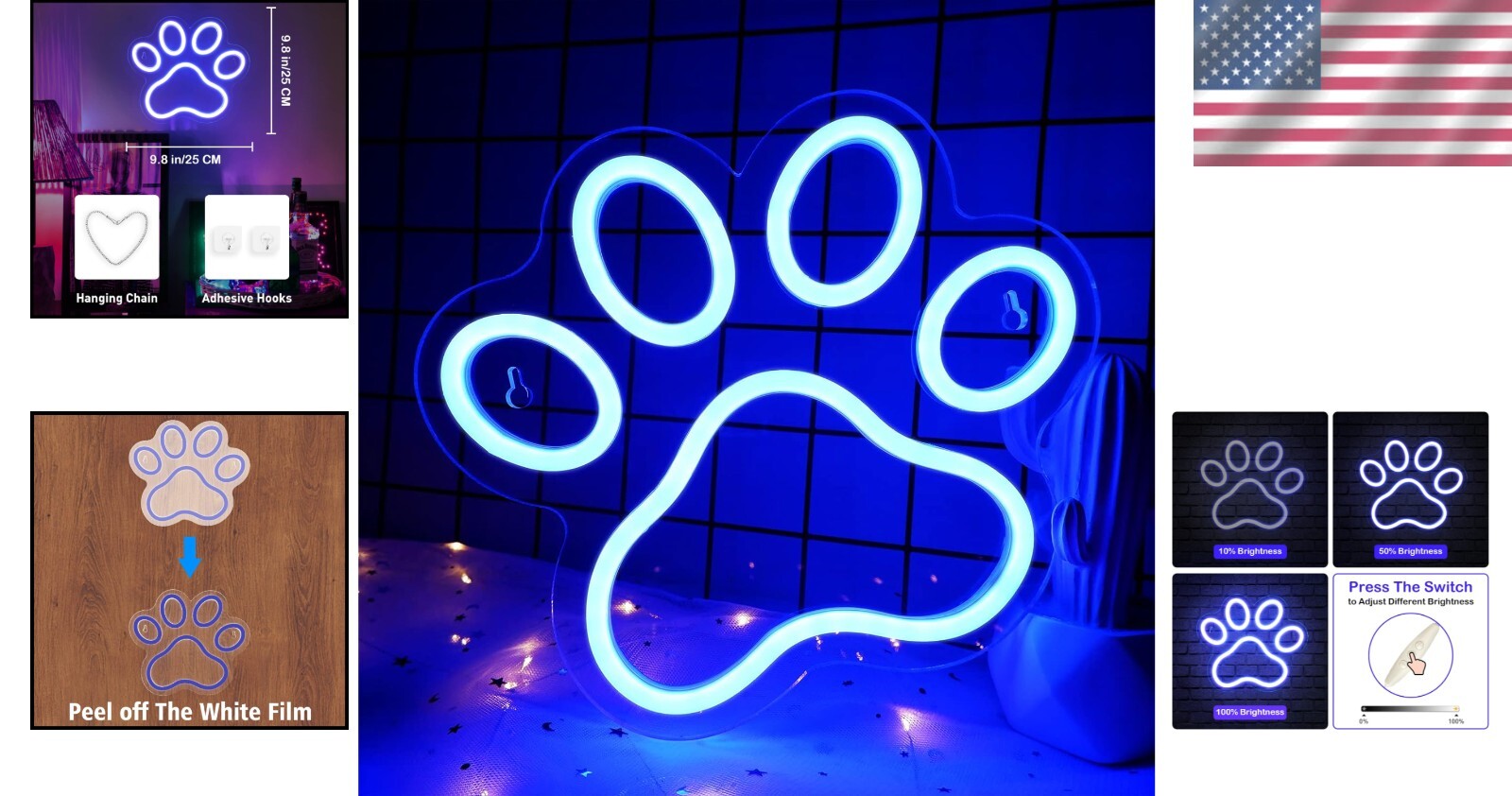 9.8 x 9.8 Inch Blue Dog Paw Neon Sign - Wall Mount with Dimmable Feature
