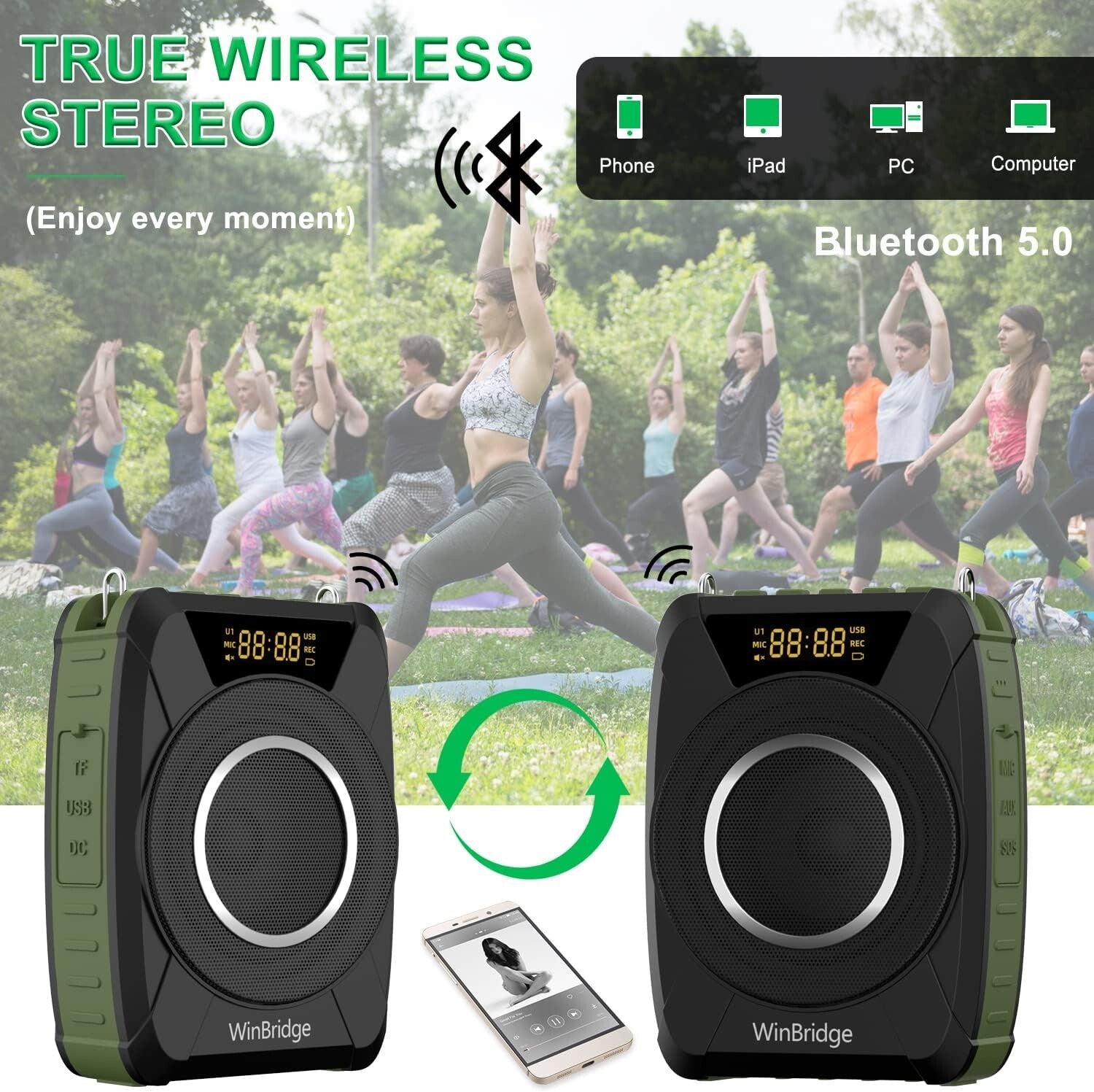 Bluetooth 5.0 Portable Waterproof Voice Amplifier - 20W PA System for Teachers