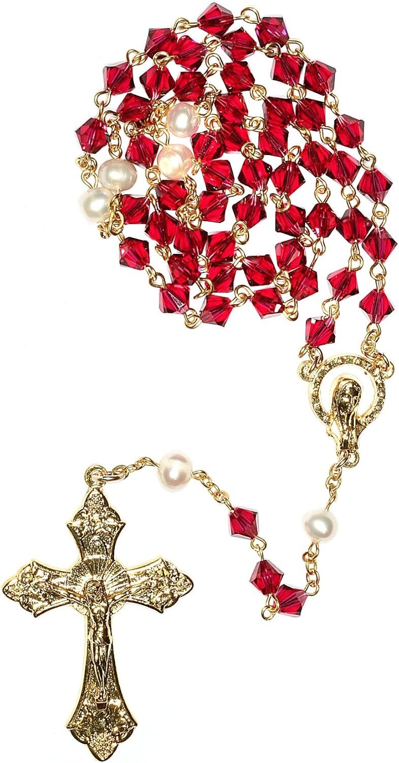 Exquisite 18'' Ruby Crystal Rosary with Gold Finish & Prayer Guide Included