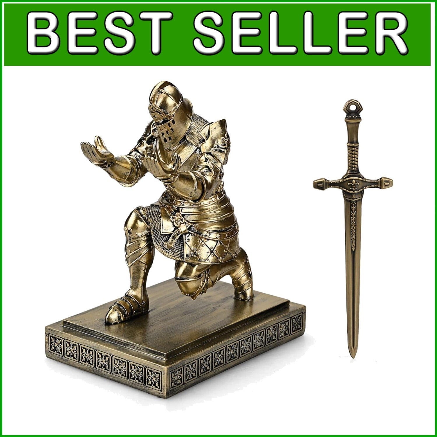 Elegant Knight Pen Holder & Sword Letter Opener – Bronze Desk Organizer