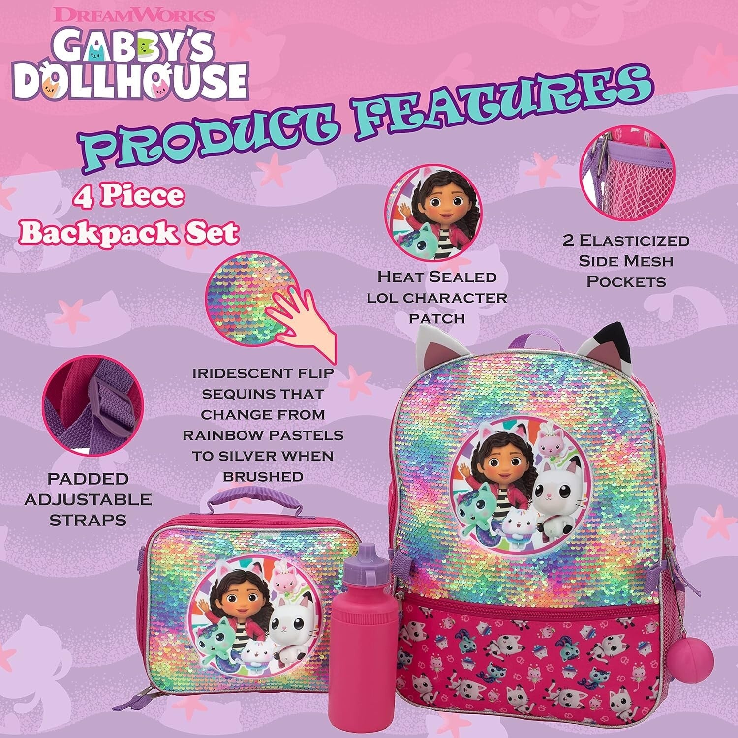 Durable 16" Gabby’s Dollhouse Sequin Backpack Set - Perfect for School Travel