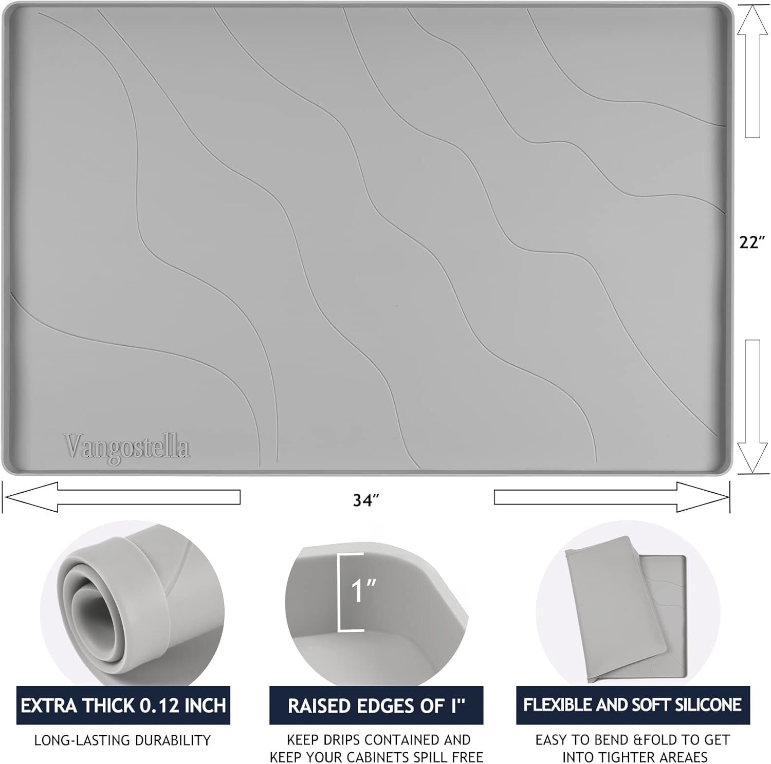 Extra Thick Non-Slip Silicone Under Sink Mat 34” x 22” - Grey Cabinet Protector