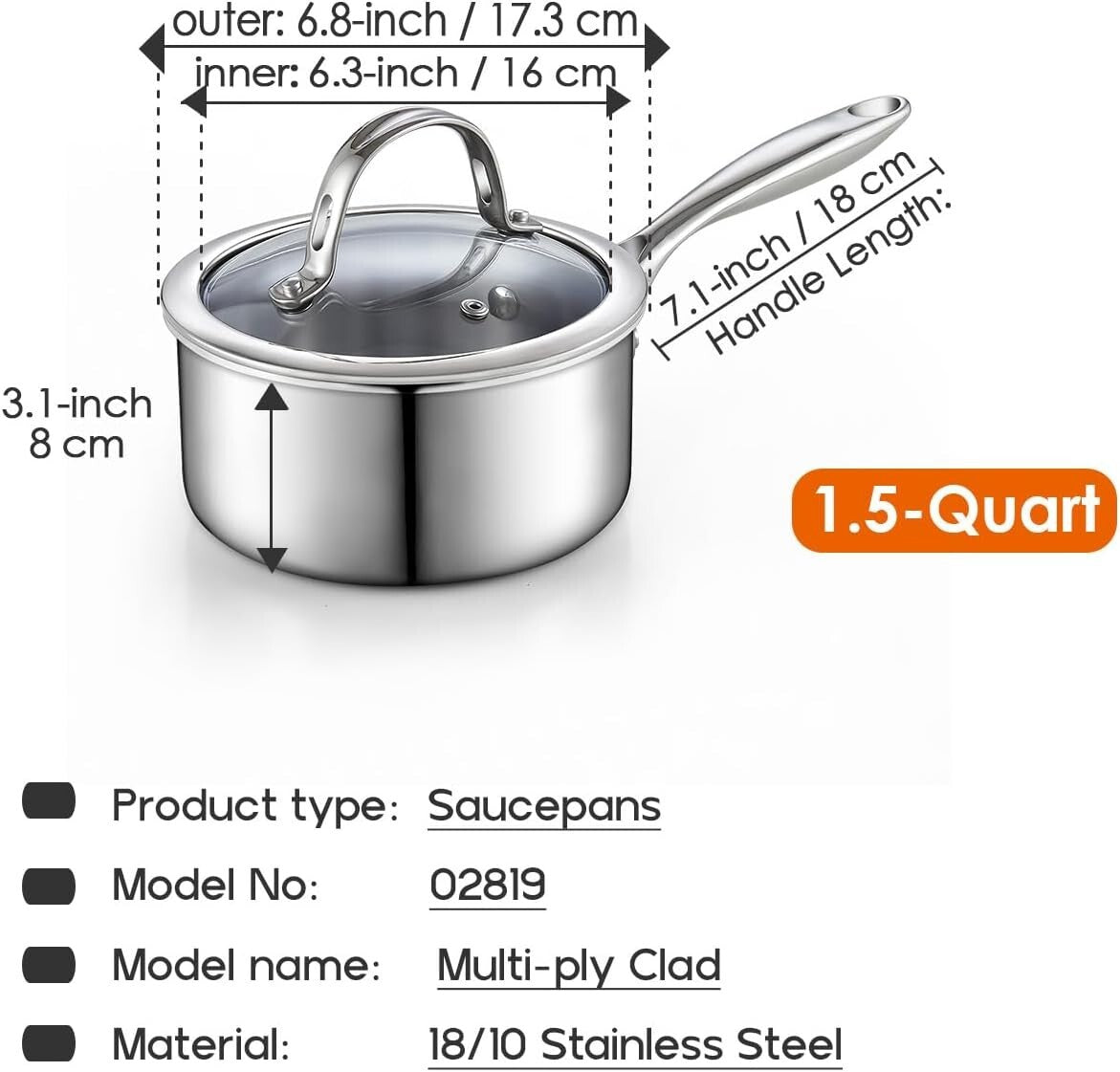 Elegant 1.5-Quart Stainless Steel Saucepan with Lid - Multi-Ply Clad Design