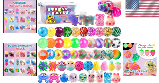Squishy Stress Relief Balls Set - 54 Unique Squeeze Toys for Anxiety & Fidgeting