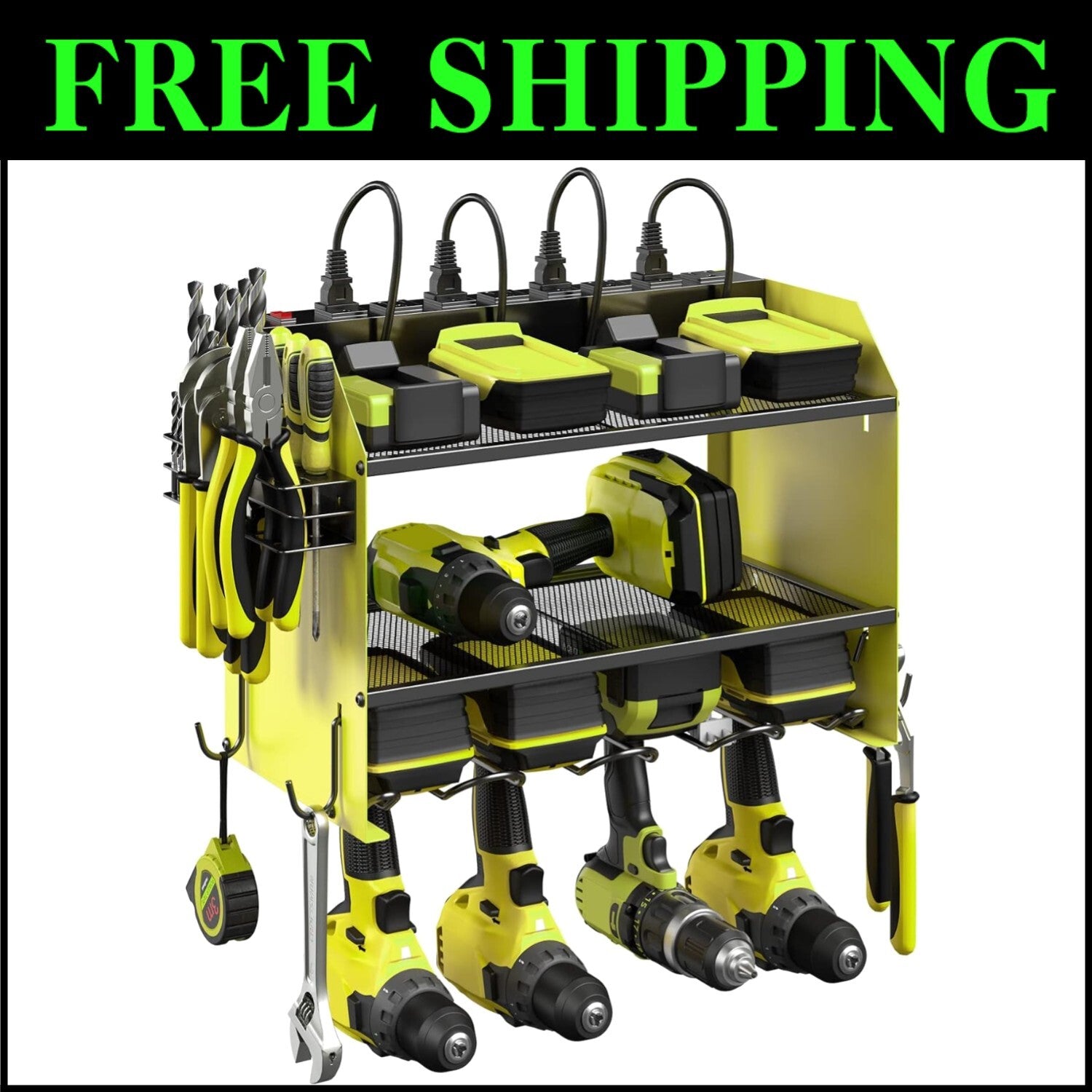Efficient Power Tool Wall Organizer with 4 Slots, Hooks, and Surge Protection