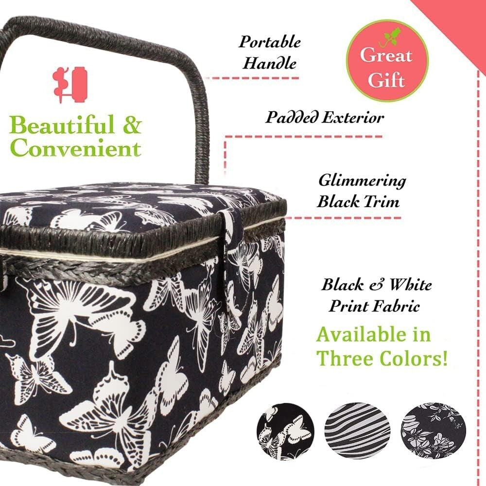 Elegant Floral Print Sewing Basket with Removable Tray and Built-in Pin Cushion