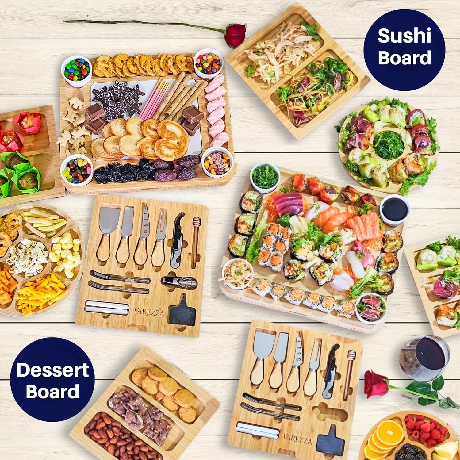 Extra Large Marble & Bamboo Charcuterie Board Set - 27 Entertaining Accessories