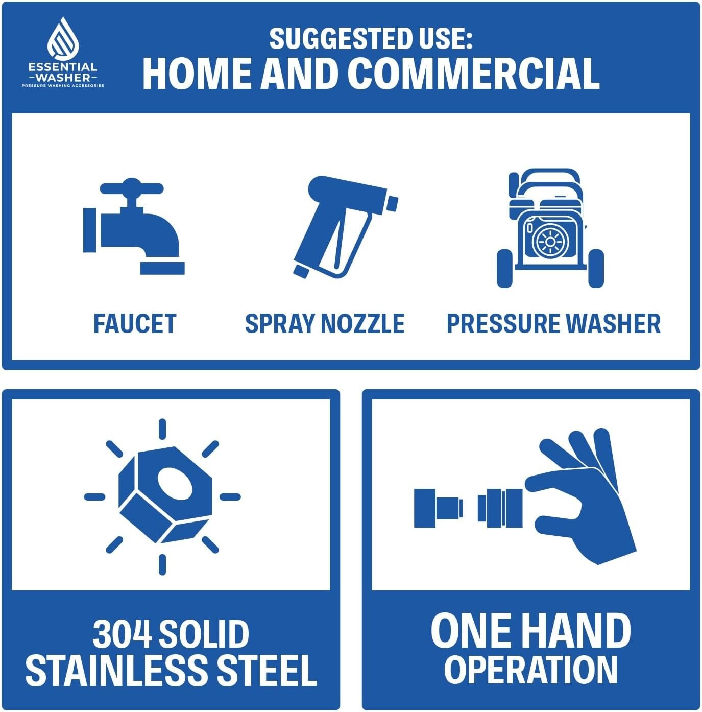 304 Stainless Steel Quick Connect Garden Hose Fittings Set - One Hand Operation