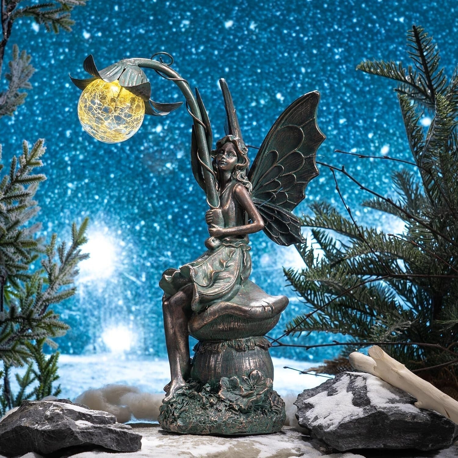 Enchanting Patina Bronze Fairy with Solar Glow Light – Decorative Garden Gift