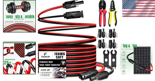 Weather-Resistant 10AWG Solar Panel Extension Cable - 50FT with IP67 Connectors