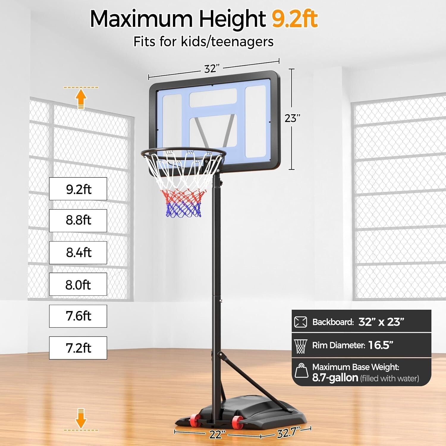 Durable Metal Portable Basketball Goal - Ideal for Kids & Teens, 32” Backboard