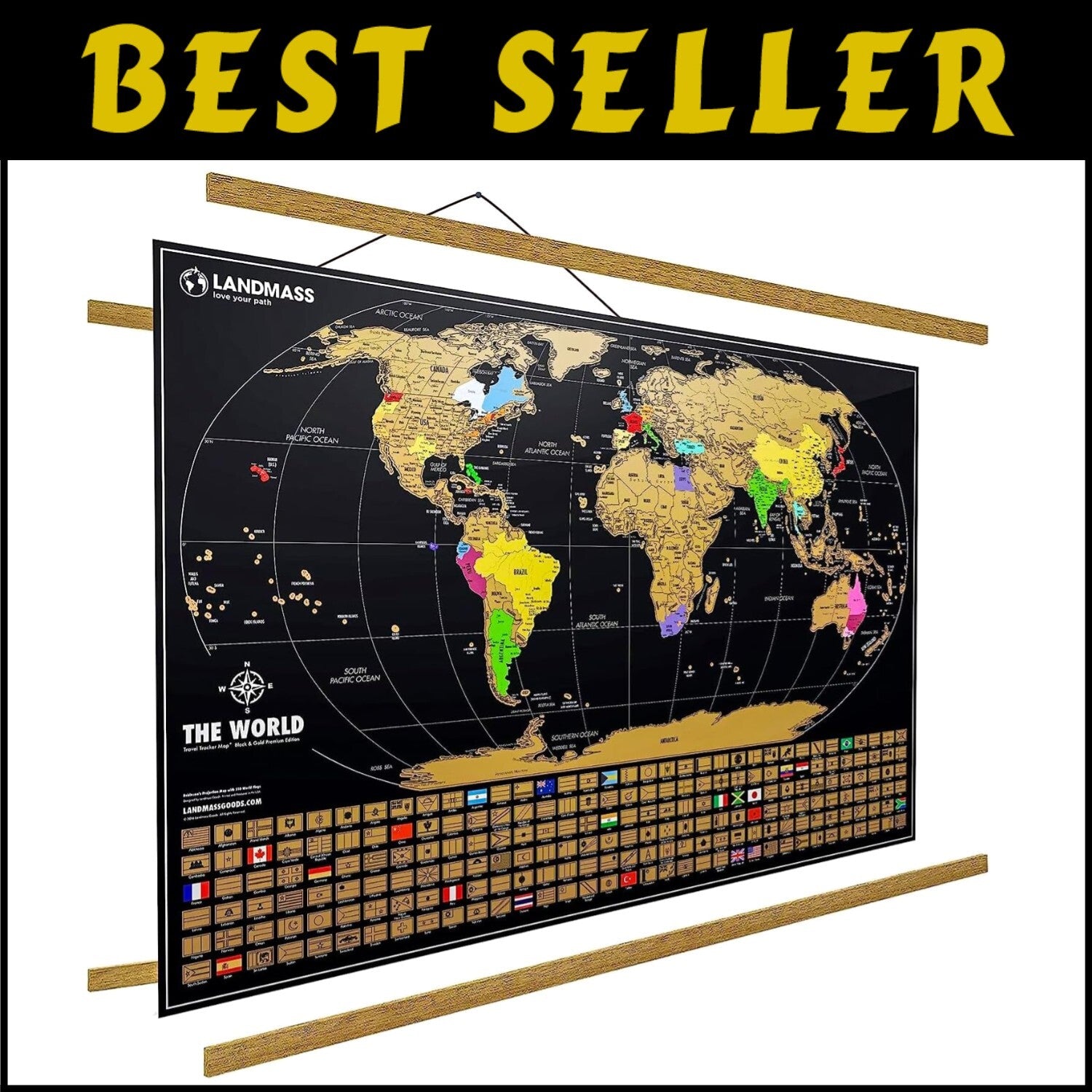 Large Matte Black Scratchable World Map with Flags and Wood Frame - Travel Decor
