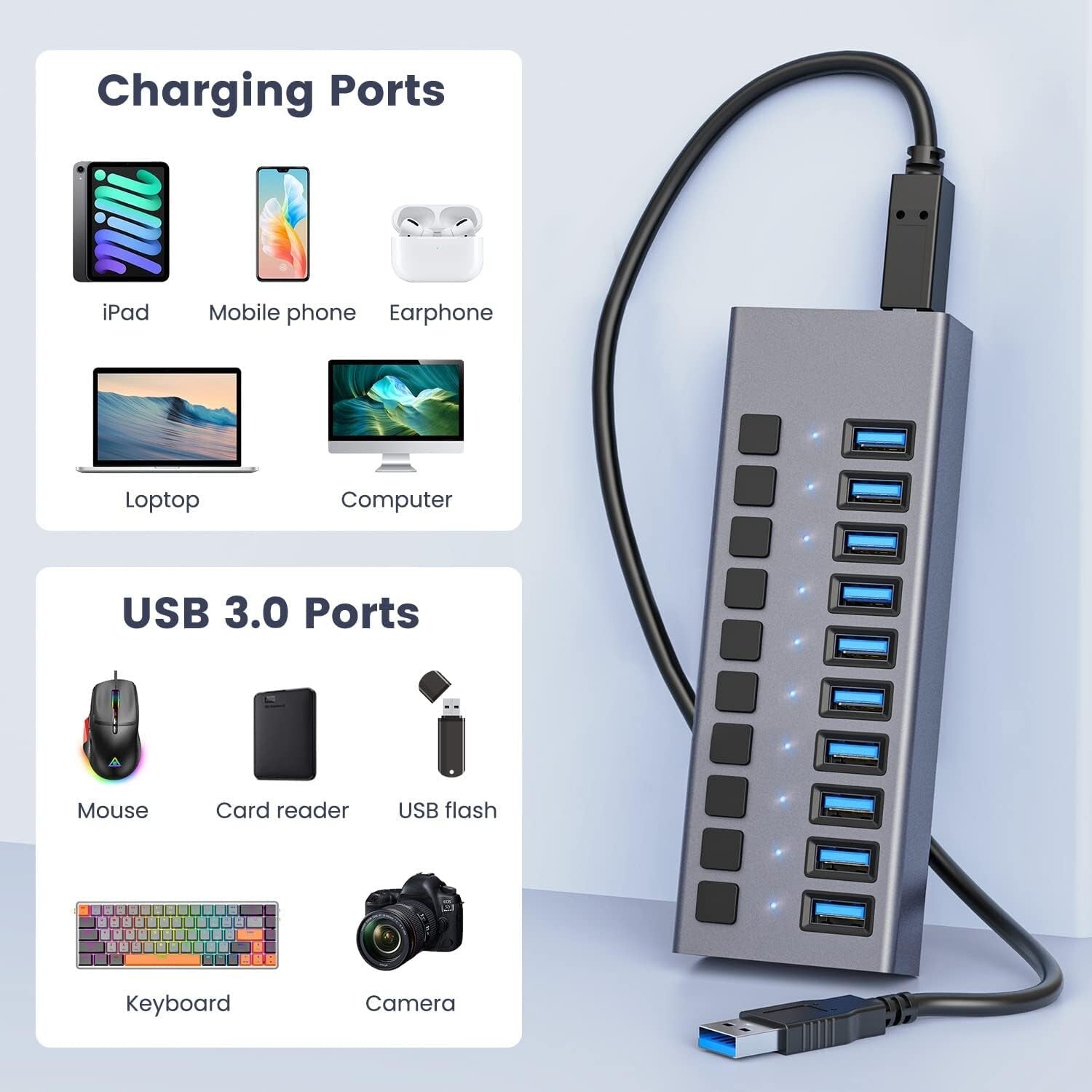 Aluminum 10-Port USB 3.0 Splitter with Surge Protection & 5Gbps Transfer Speed