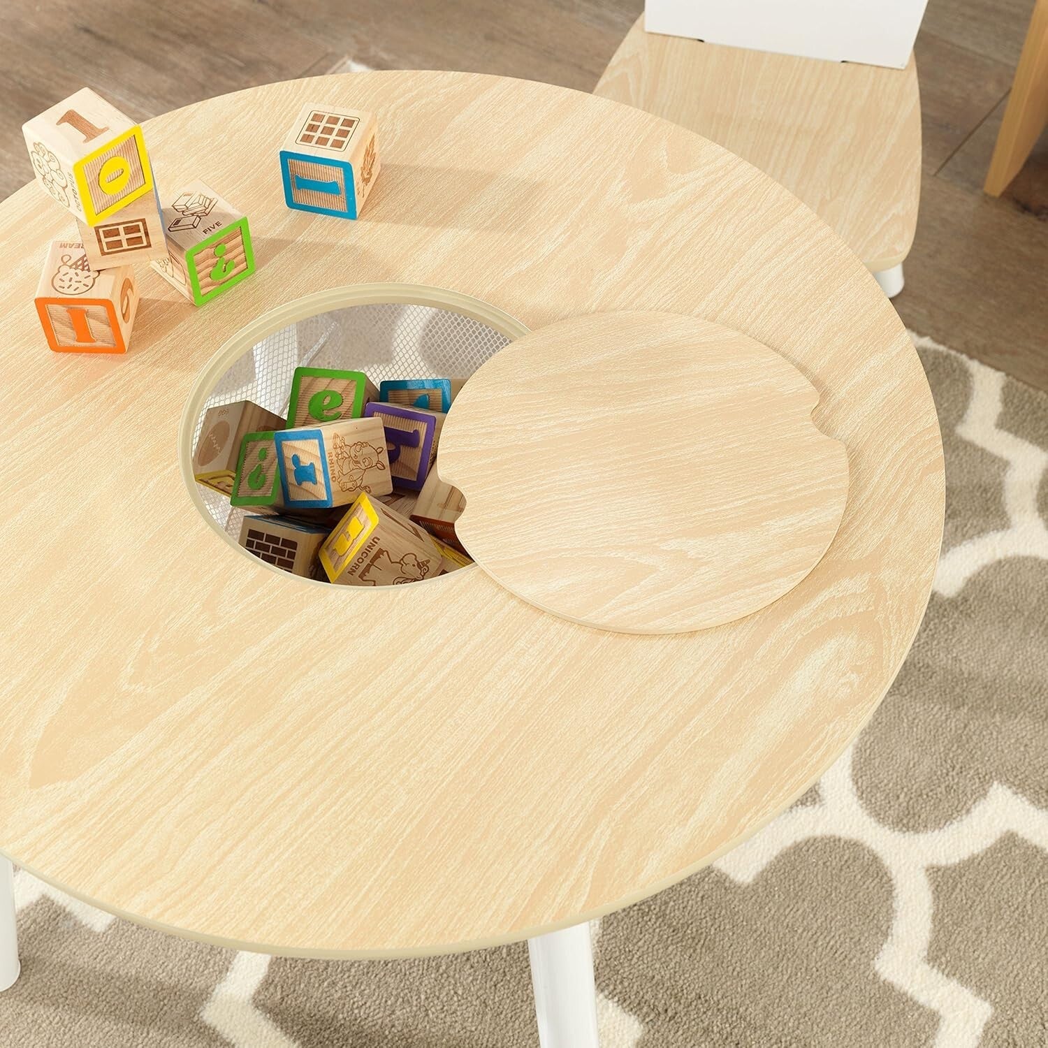 Wooden Round Table & 2 Chair Set with Hidden Storage for Kids Playrooms