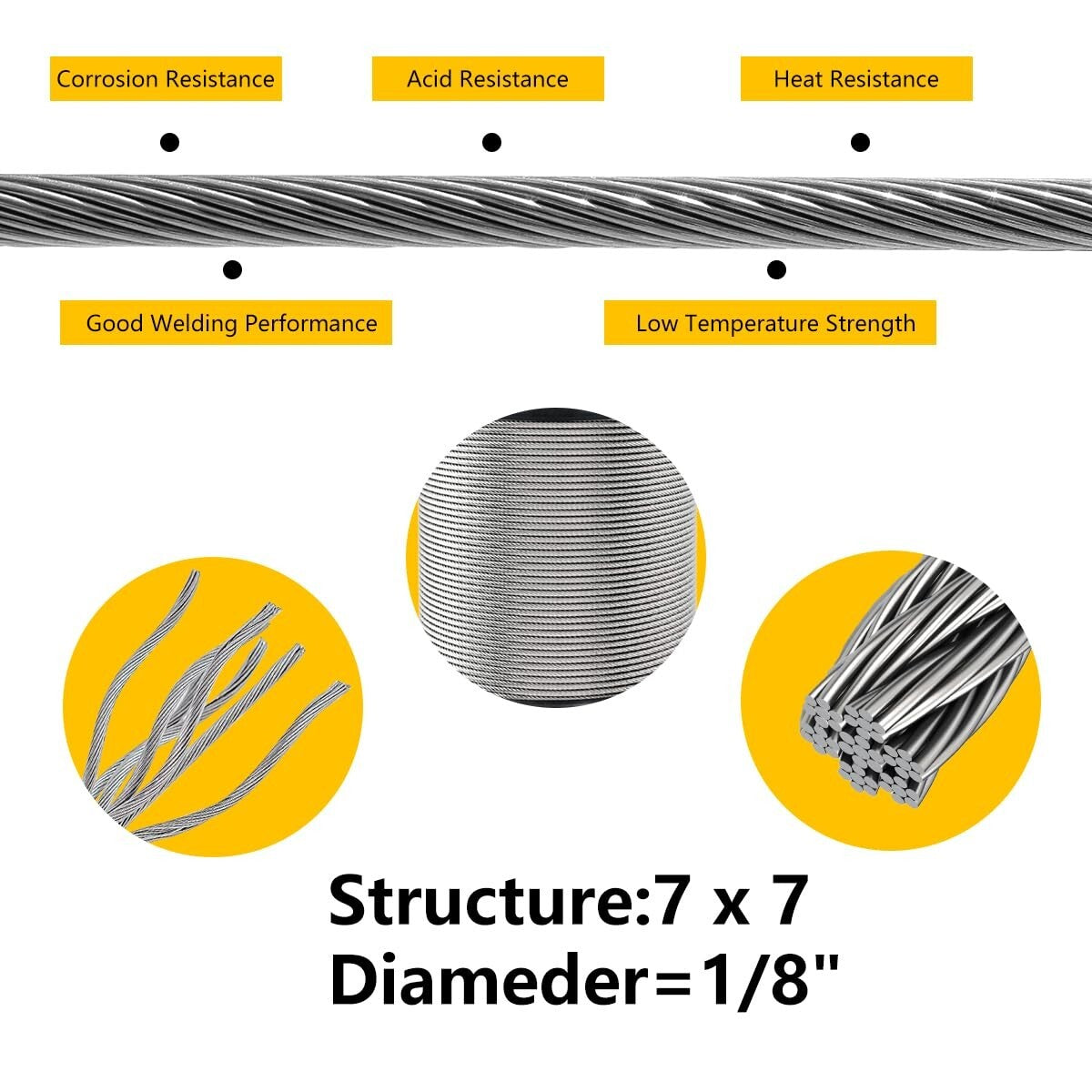 7x7 Stainless Steel Wire Rope - 1800 lbs Strength, Ideal for Deck Railing Use