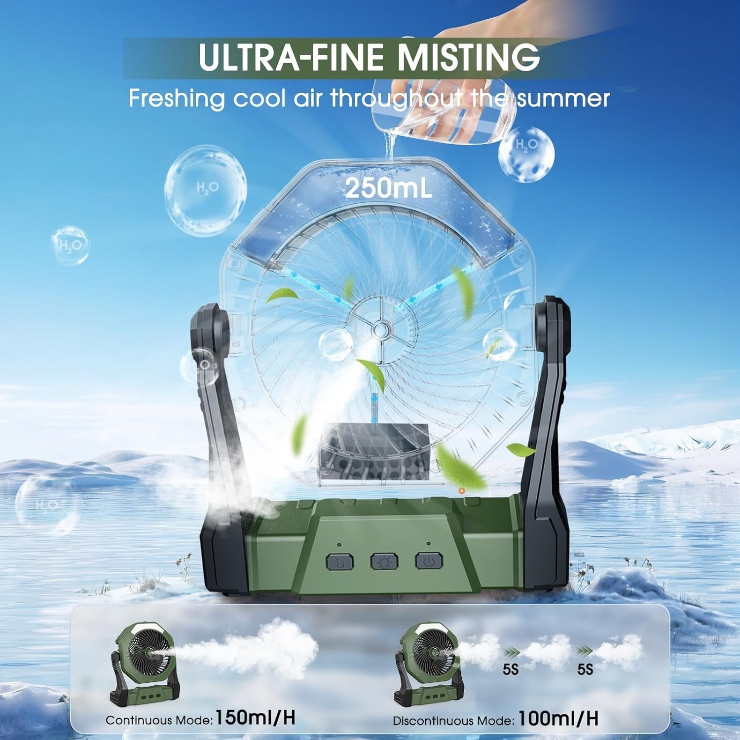 Durable Portable Misting Fan with Three Speeds & LED Light - Ideal for Outdoors