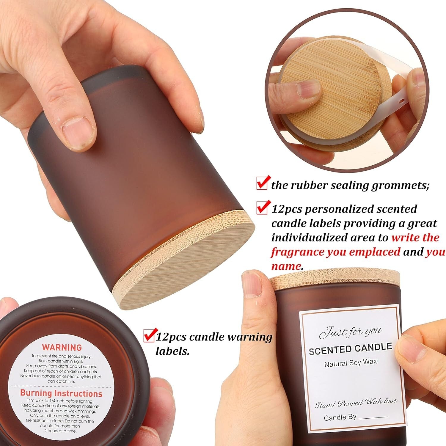 Elegant 12 OZ Frosted Amber Candle Jars with Bamboo Lids - Crafting Kit Included