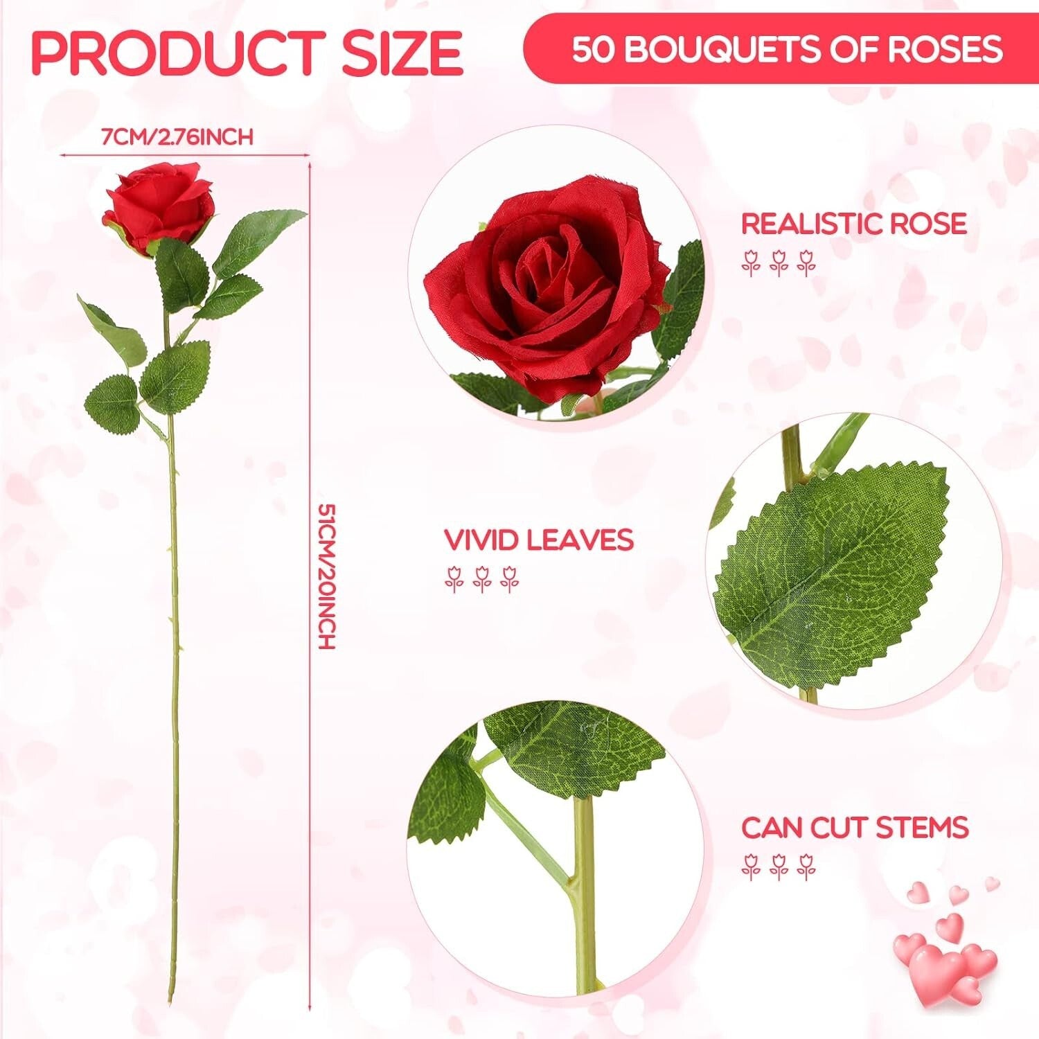Durable & Flexible 50 Pcs Red Artificial Roses - Stunning Indoor/Outdoor Decor