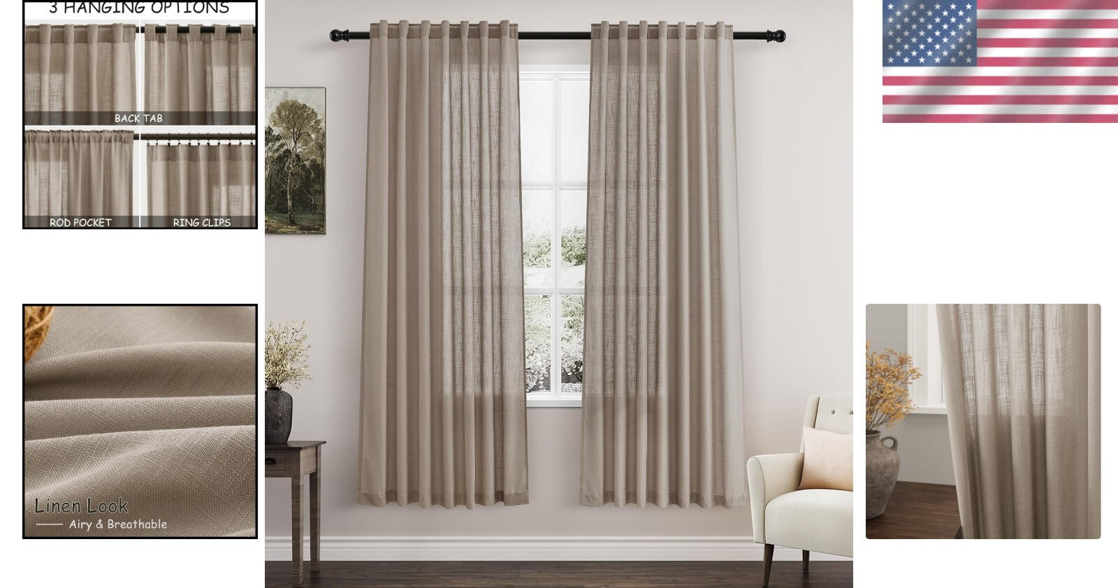 Classic Light Taupe Semi-Sheer Curtains for Bedroom & Living Room - 2 Panels