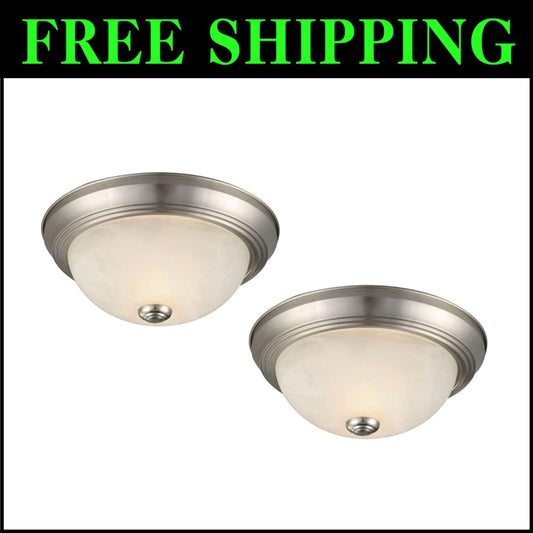 Modern 2-Light Flush Mount Ceiling Light Set - Satin Nickel with Alabaster Shade