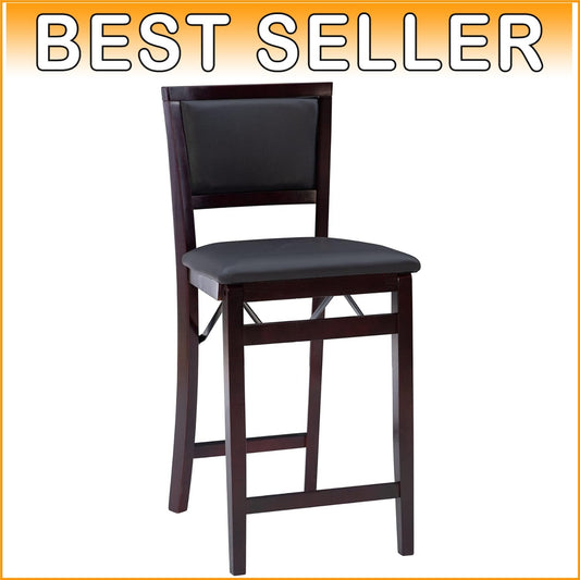 Elegant 24-Inch Folding Counter Stool with Faux Leather Pad - Espresso Finish