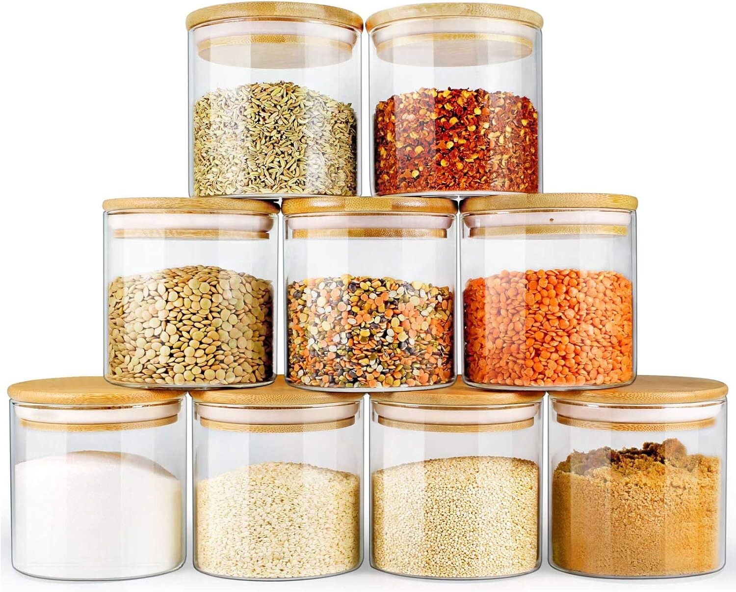 Borosilicate Glass Jars Set with Bamboo Lids - 16oz, 9-Piece Storage Collection