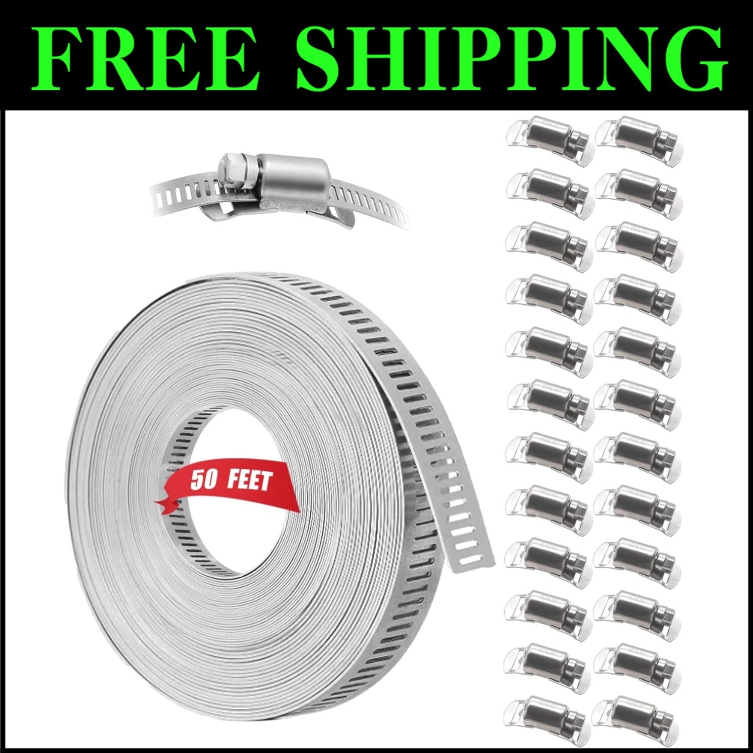 Premium 50FT Metal Strap & 24 Fasteners - Heavy-Duty Stainless Steel Hose Clamps