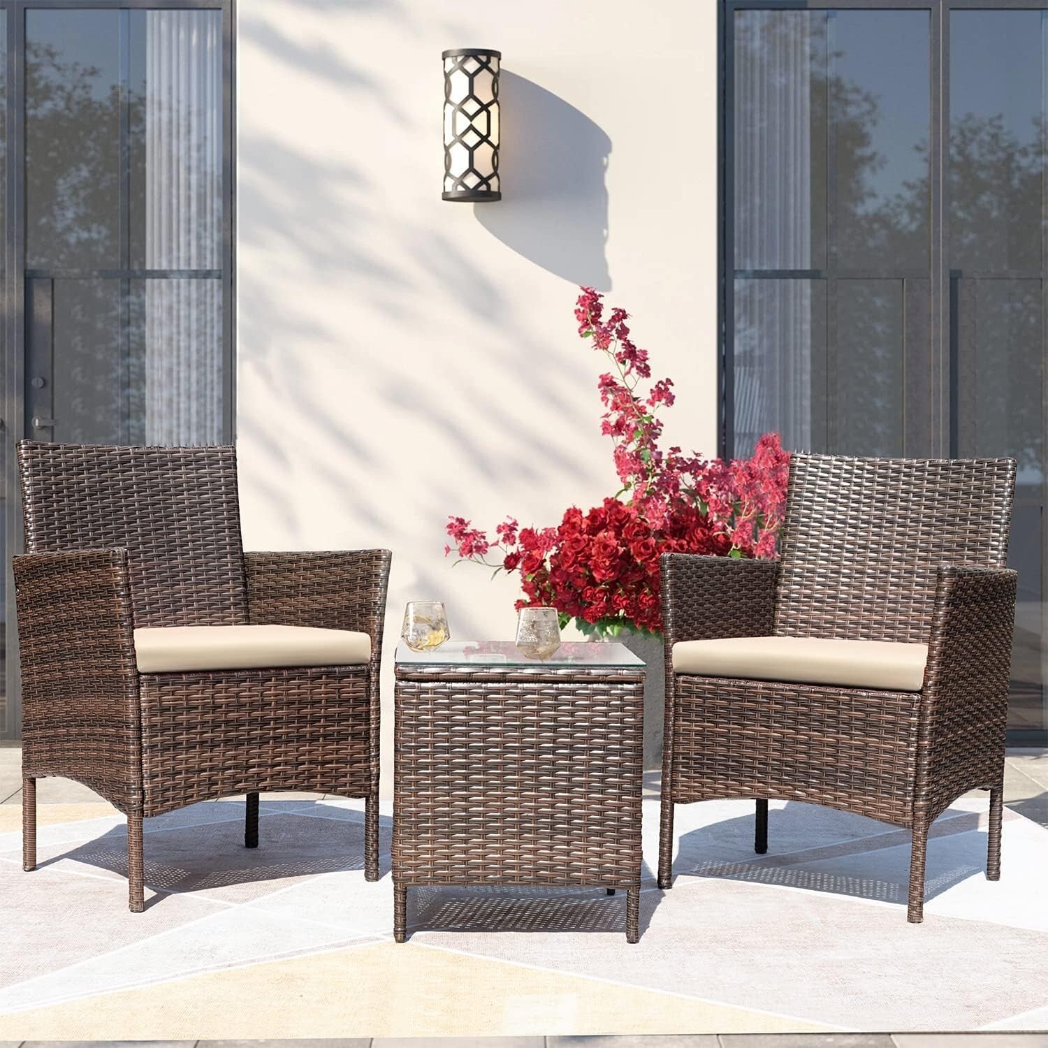 Lightweight 3-Piece Rattan Chair Set with Comfortable Cushions and Glass Table