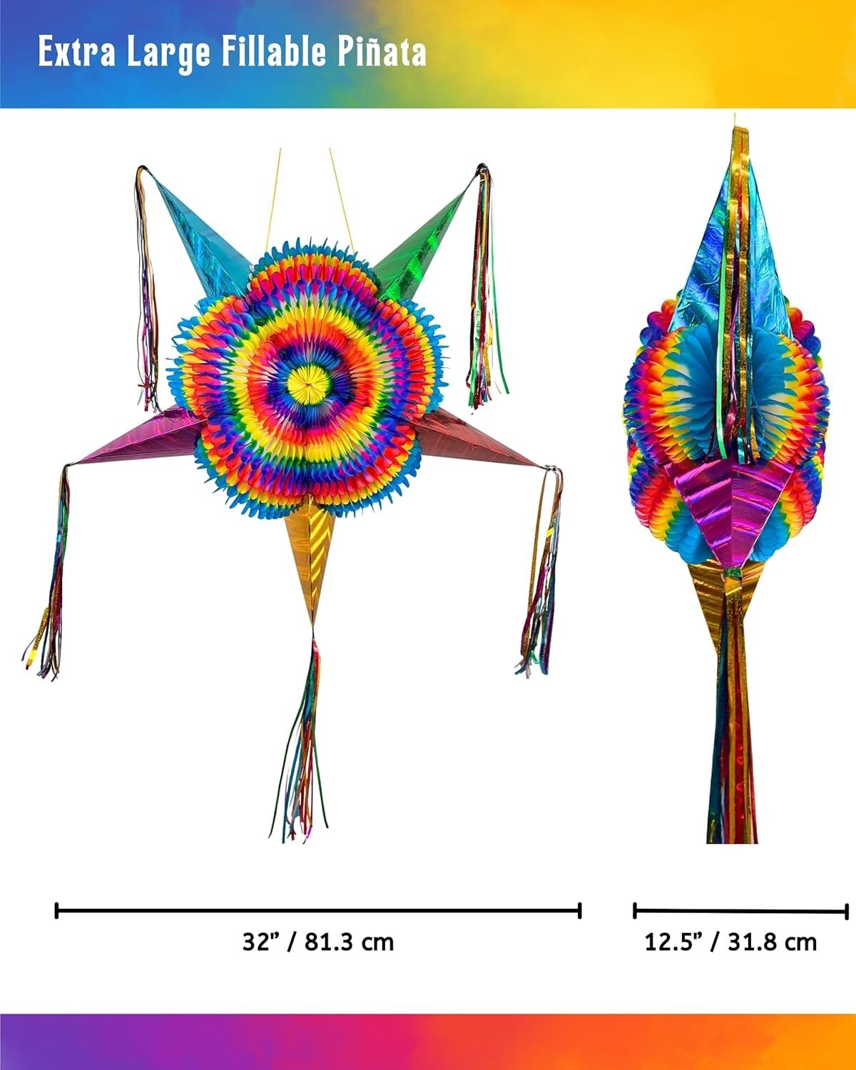Authentic Handmade Rainbow Piñata - 32" Star Design with 30-ft Rope for Parties