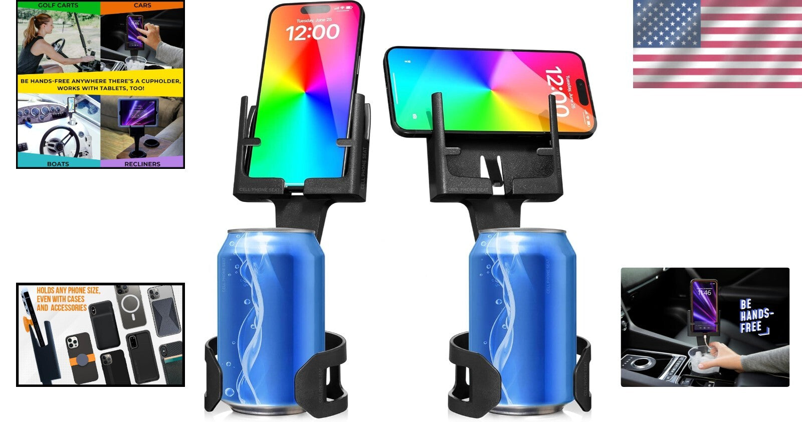 Adjustable Cup Holder Phone Holder for All Smartphones - Car Mount Black 2-Pack