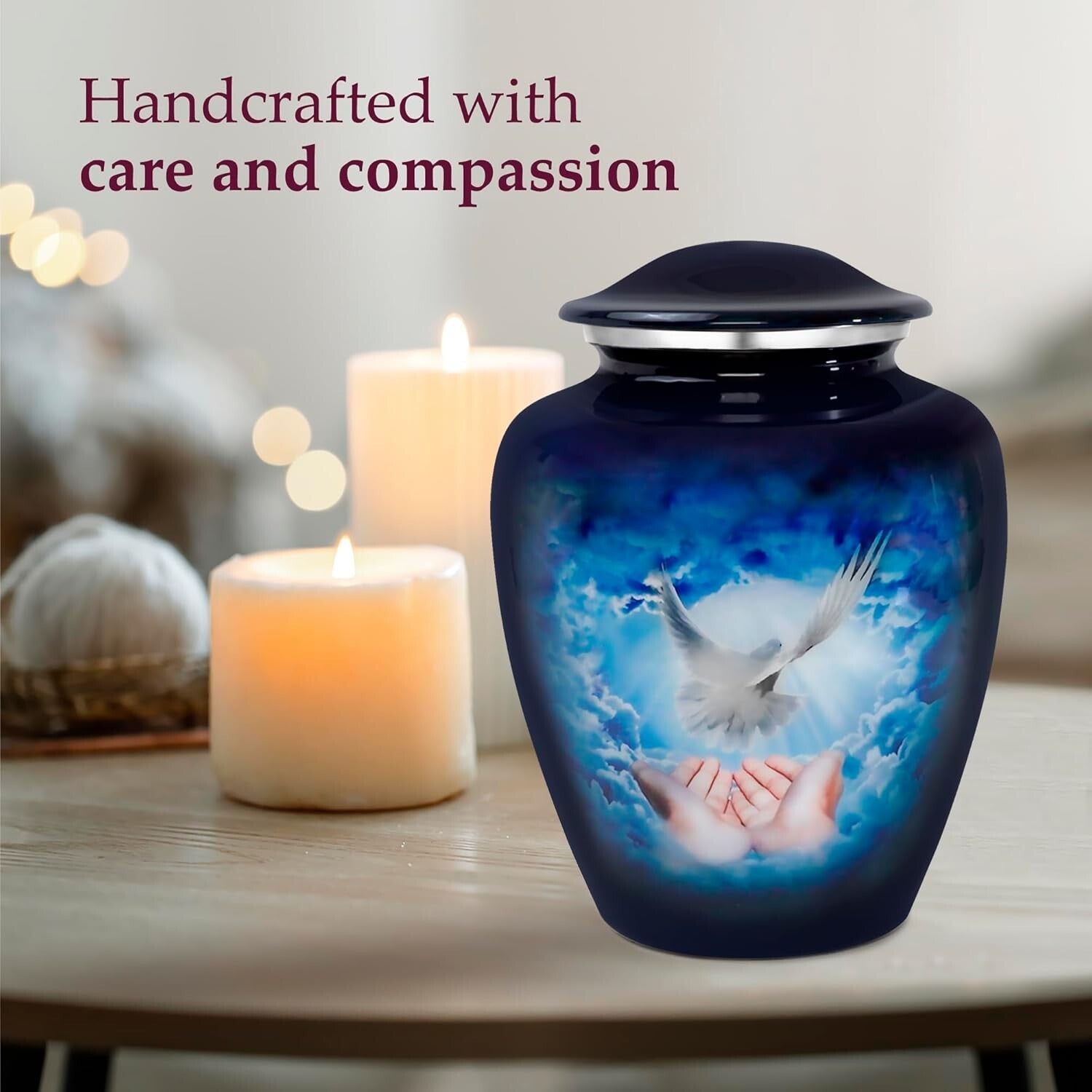 Durable 9.2" Blue Dove Cremation Urn - Secure Threaded Top, Velvet Bag Included