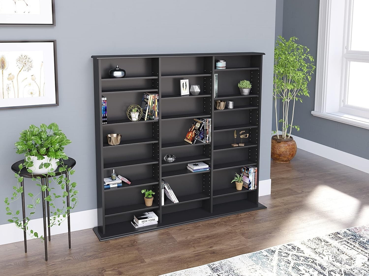 Library Style Triple Width Storage Cabinet - Adjustable Media Organizer in Black